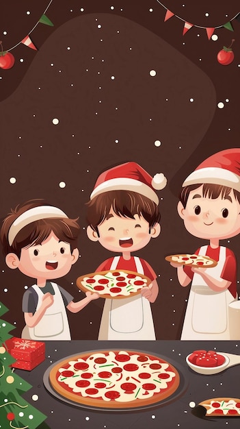 a cartoon illustration of children holding pizzas with a christmas tree in the background