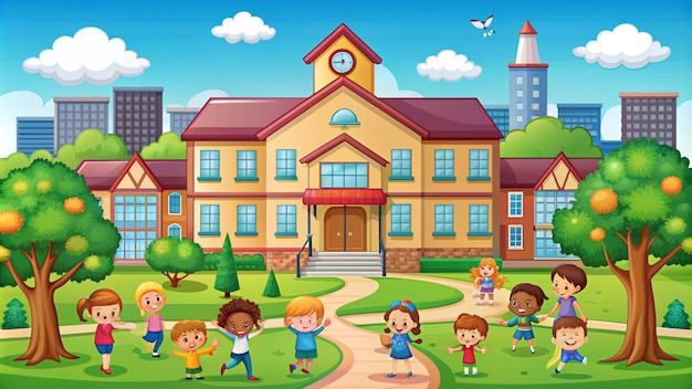 a cartoon illustration of children playing in front of a school building with a clock on the front