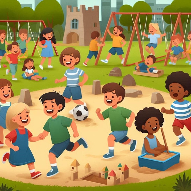 Photo a cartoon illustration of children playing in a playground with a castle in the background