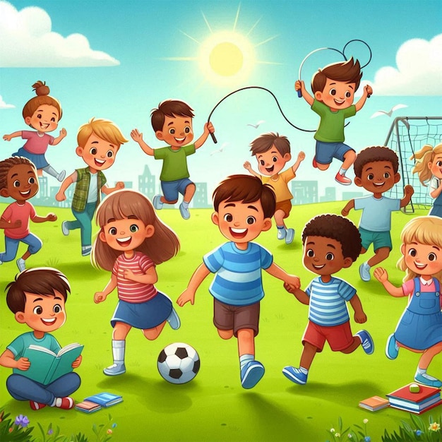 a cartoon illustration of children playing soccer with a sun in the background