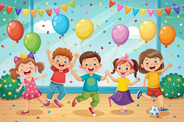 a cartoon illustration of children playing with balloons and a banner that says quot kids quot