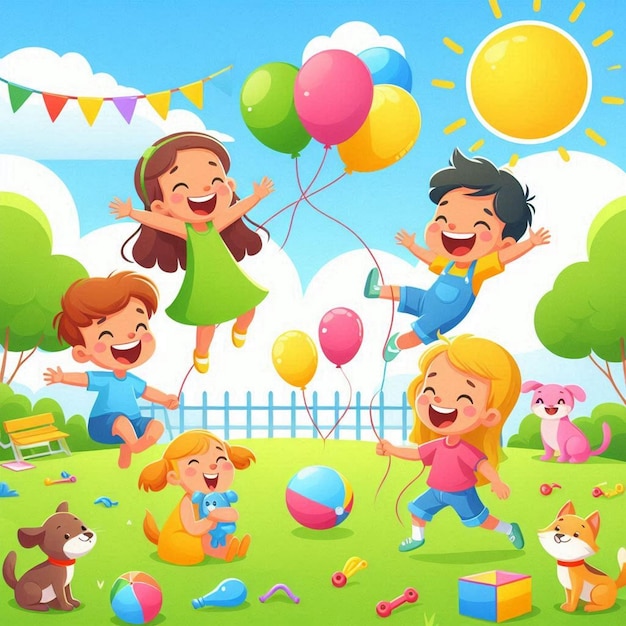 a cartoon illustration of children playing with balloons and a cat and a cat