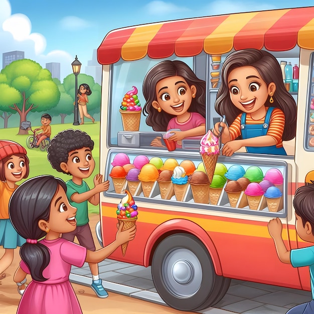 a cartoon illustration of children selling ice creams from a bus