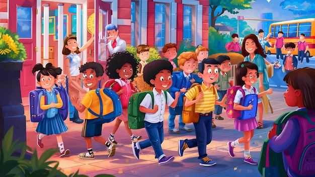 a cartoon illustration of children with a school bag