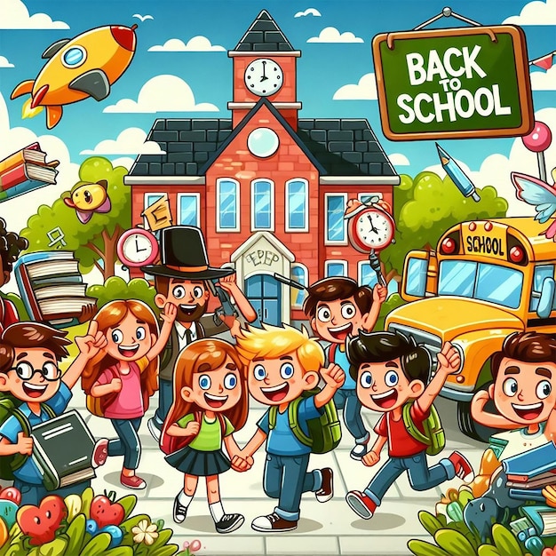 a cartoon illustration of children with school supplies in front of a school