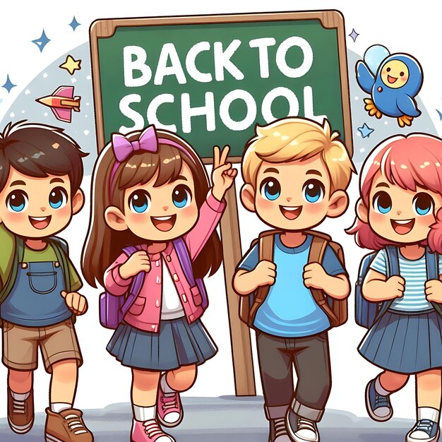 a cartoon illustration of children with a sign that says back to school