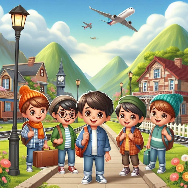 a cartoon illustration of children with a sign that says quot the plane quot