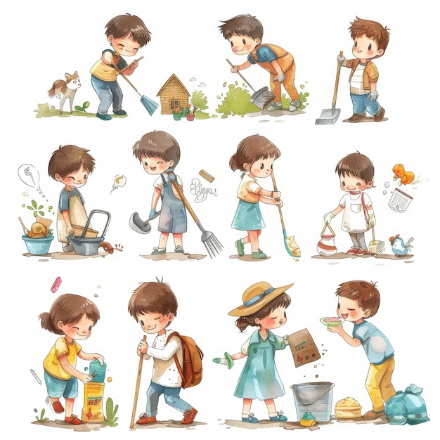 cartoon illustration of children working in the garden isolated on white background