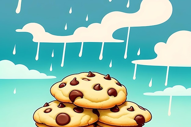 Photo a cartoon illustration of chocolate chip cookies with a blue background with a sky and clouds