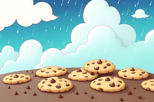 Photo a cartoon illustration of chocolate chip cookies with raindrops on the top