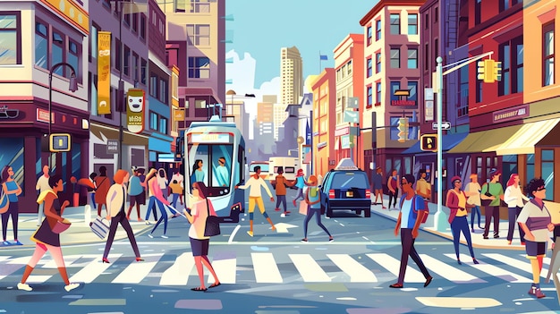 A cartoon illustration of a city street with people and vehicles