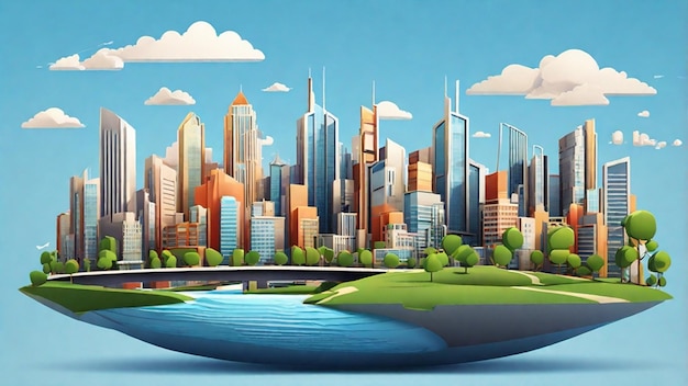 Photo a cartoon illustration of a city with a boat and a city in the background