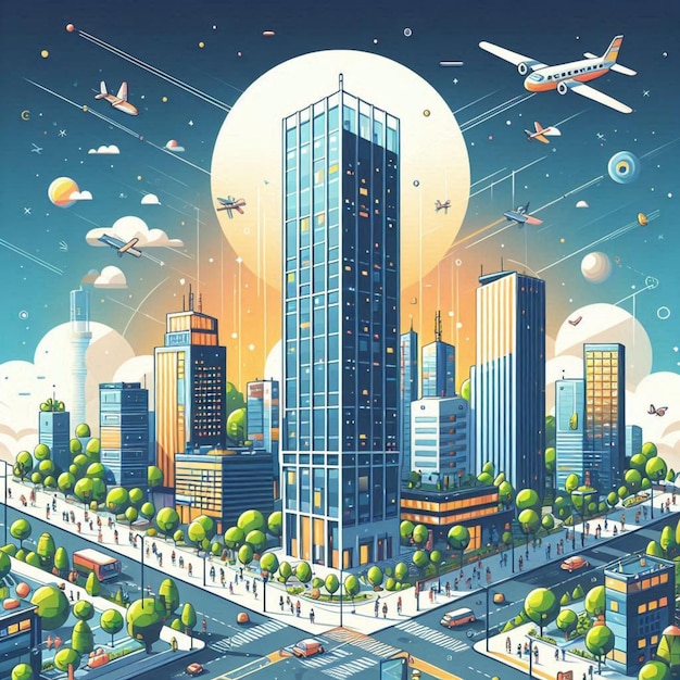 a cartoon illustration of a city with a plane flying over it