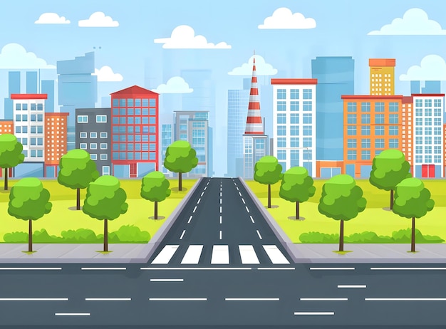 Photo cartoon illustration of cityscape with green trees and road