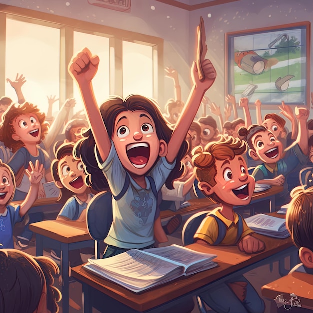 Photo a cartoon illustration of a classroom with students raising their arms and the word  happy  on the wall