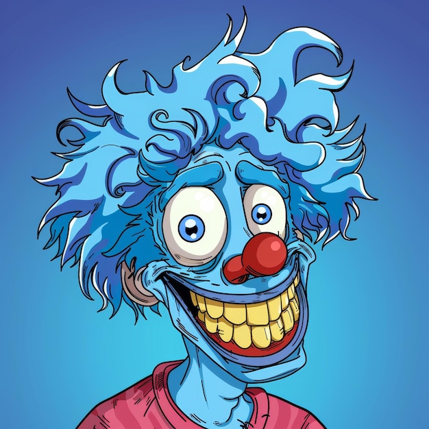 Cartoon illustration of a clown with blue hair on blue background