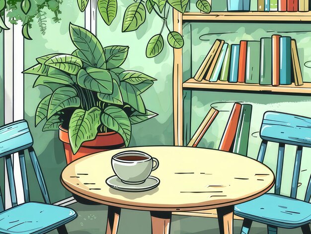 Photo a cartoon illustration of a coffee cup and a bookcase with a plant in the background