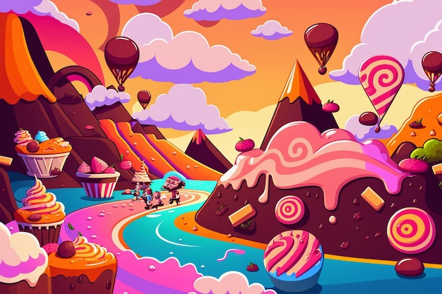 A cartoon illustration of a colorful landscape with a mountain and balloons.