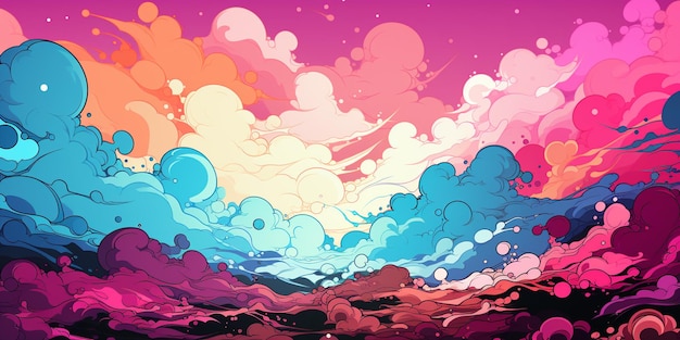 cartoon illustration of a colorful landscape with a sky and clouds generative ai