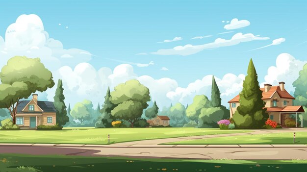 a cartoon illustration of a country house with a green field and a house on a sunny day - - stock vector