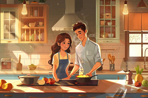 a cartoon illustration of a couple cooking in a kitchen