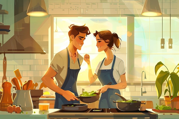 a cartoon illustration of a couple cooking in a kitchen