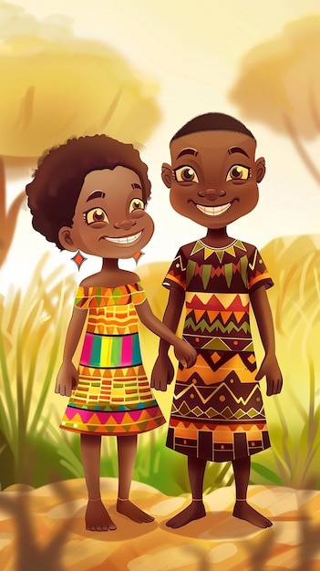 a cartoon illustration of a couple dressed in traditional clothing