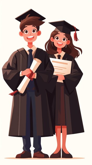 Photo cartoon illustration of a couple of graduates holding diplomas generative ai