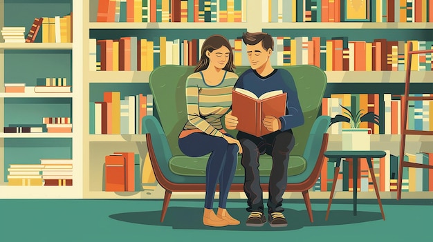 Photo a cartoon illustration of a couple reading a book