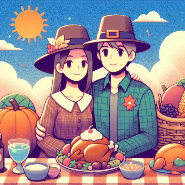 a cartoon illustration of a couple with pumpkins on their head and a basket of pumpkins