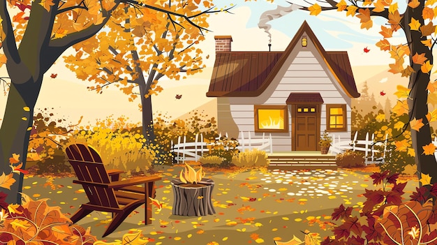 A cartoon illustration of a cozy cottage in a fall landscape