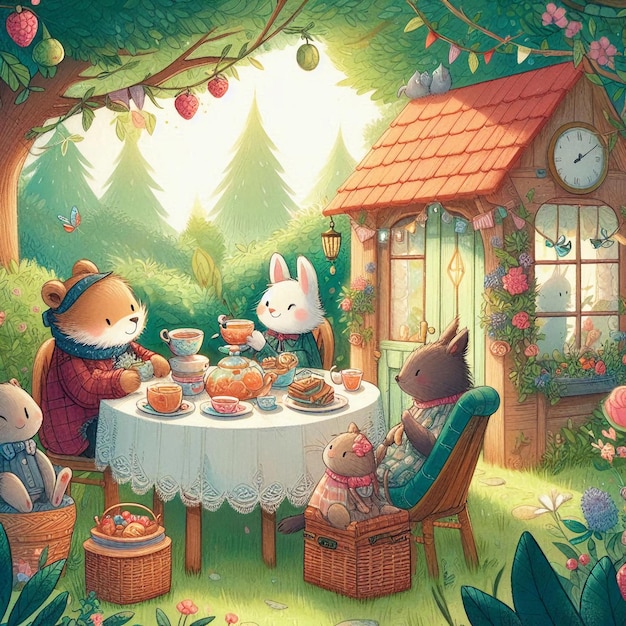 A cartoon illustration of a cozy tea party with anthropomorphic animals