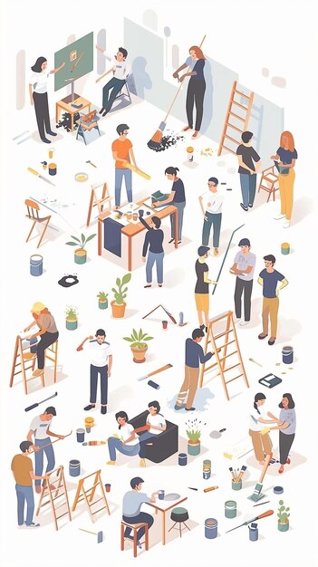 Photo cartoon illustration of a creative team painting walls and setting up furniture