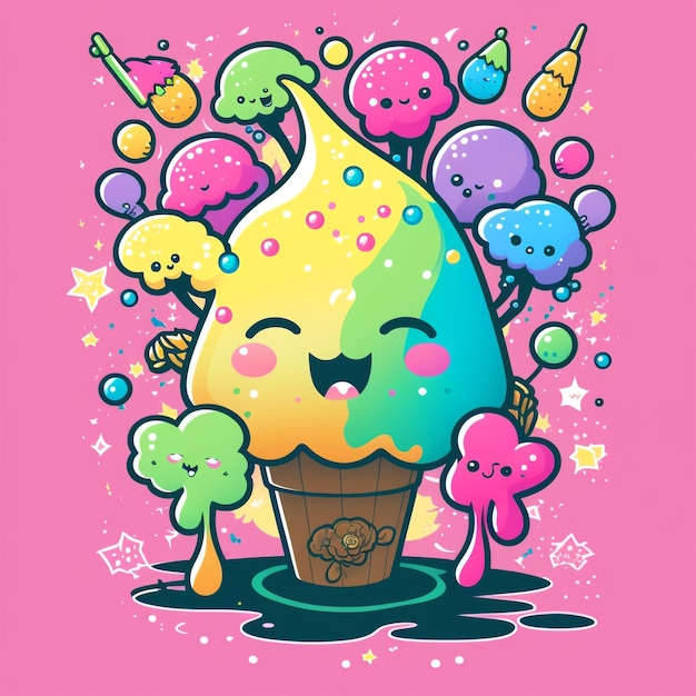 A cartoon illustration of a cupcake with a face made of ice cream and a rainbow colored face.