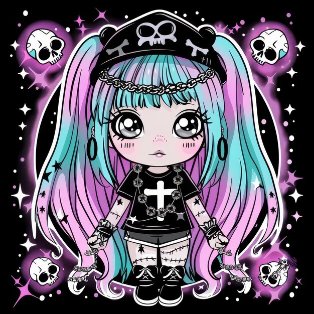 Cartoon illustration of a cute goth girl with pink and blue hair wearing a black outfit with a cross and chains surrounded by skulls and stars