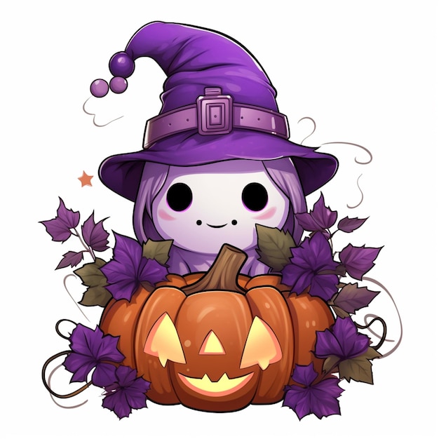 Cartoon illustration of a cute little ghost in a witch hat with a pumpkin generative ai