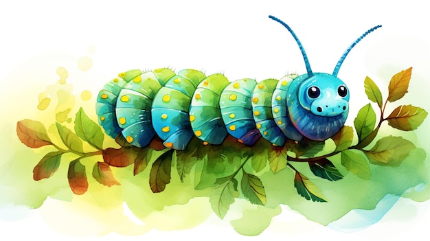 Cartoon illustration of a cute tree caterpillar with a green color that resembles a leaf