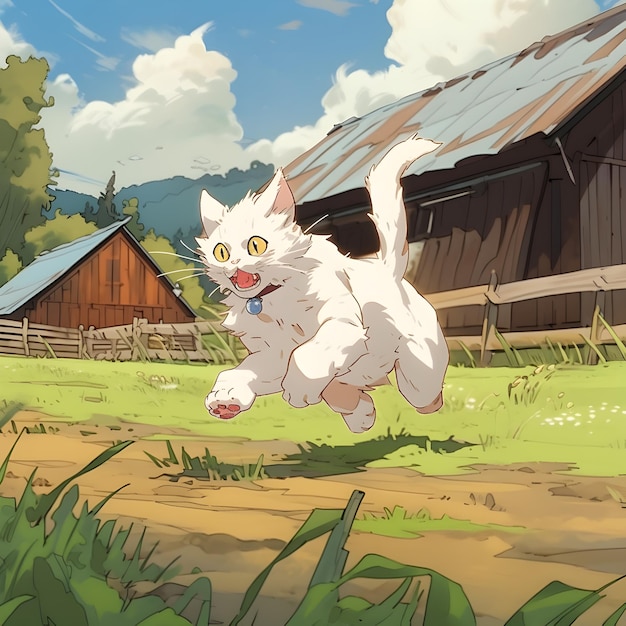 Cartoon Illustration of a Cute White Cat Running in the Field