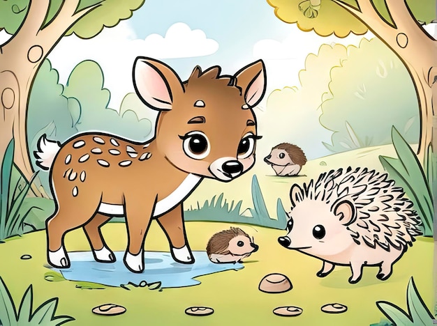 a cartoon illustration of a deer and a little animal in the forest