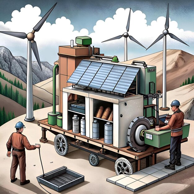 Photo a cartoon illustration depicting technicians working on a mobile renewable energy system