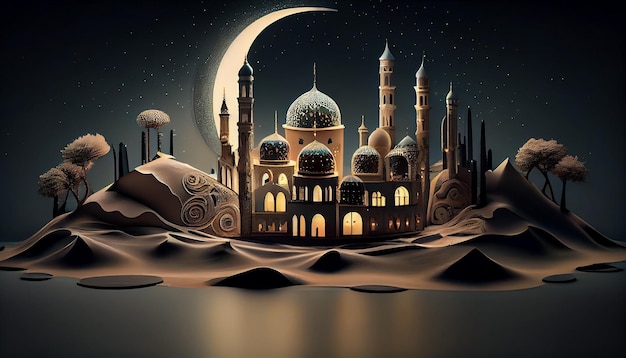 A cartoon illustration of a desert scene with a mosque and moon