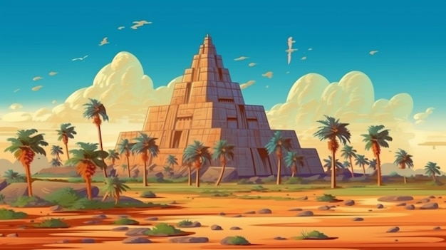 A cartoon illustration of a desert with a pyramid and palm trees generative ai