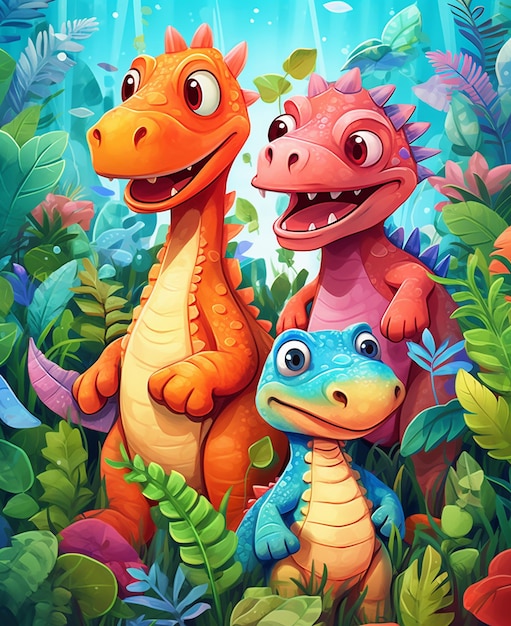 A cartoon illustration of a dinosaur and a baby dragon