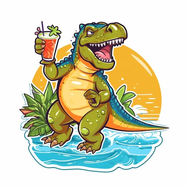 Cartoon illustration of a dinosaur holding a cocktail