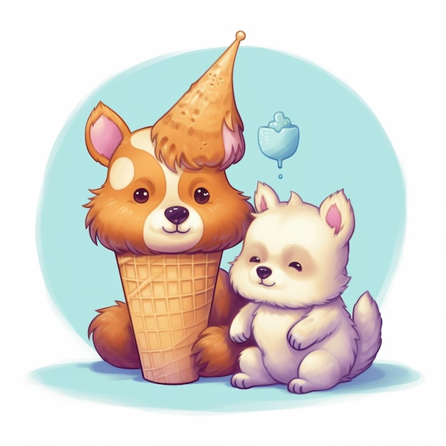 A cartoon illustration of a dog and a dog with a cone that says'ice cream'on it