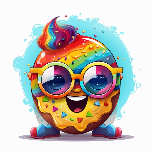 cartoon illustration of a donut with a rainbow sprinkle and sunglasses generative ai