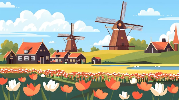 Photo a cartoon illustration of a dutch village with windmills and a field of tulips