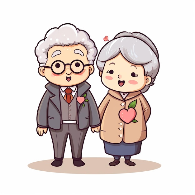 cartoon illustration of an elderly couple holding hands and smiling generative ai