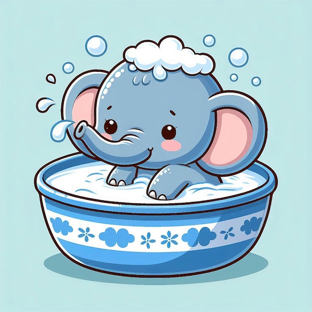 a cartoon illustration of an elephant in a bowl of soapy water