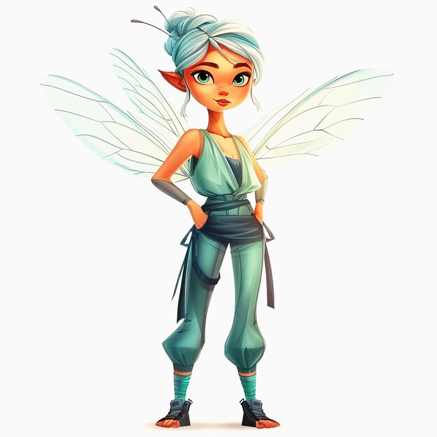 Photo cartoon illustration of a fairy with green outfit and white wings